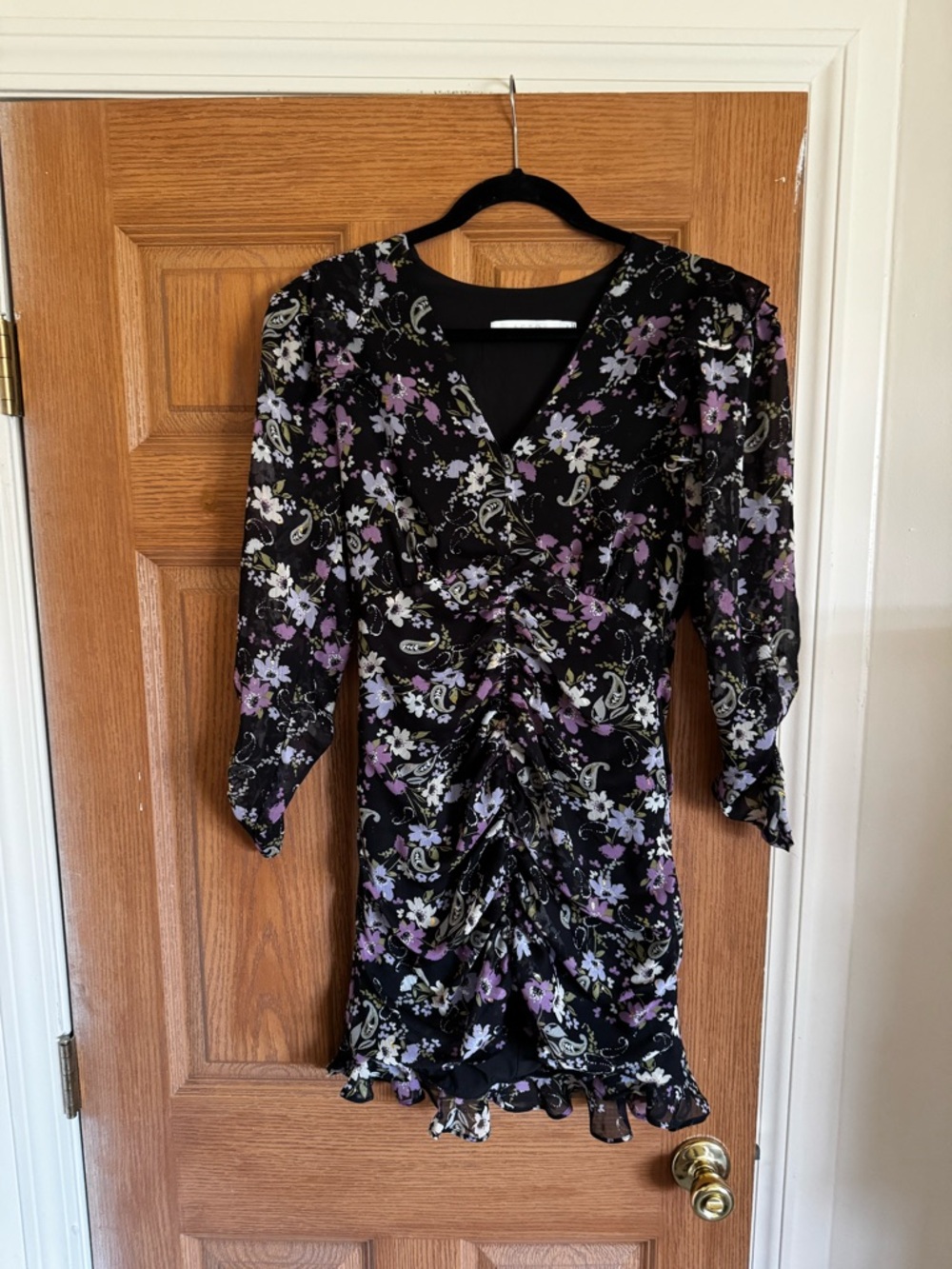 Astr Black Floral Ruched V-Neck Mini Dress with Purple & White Flowers